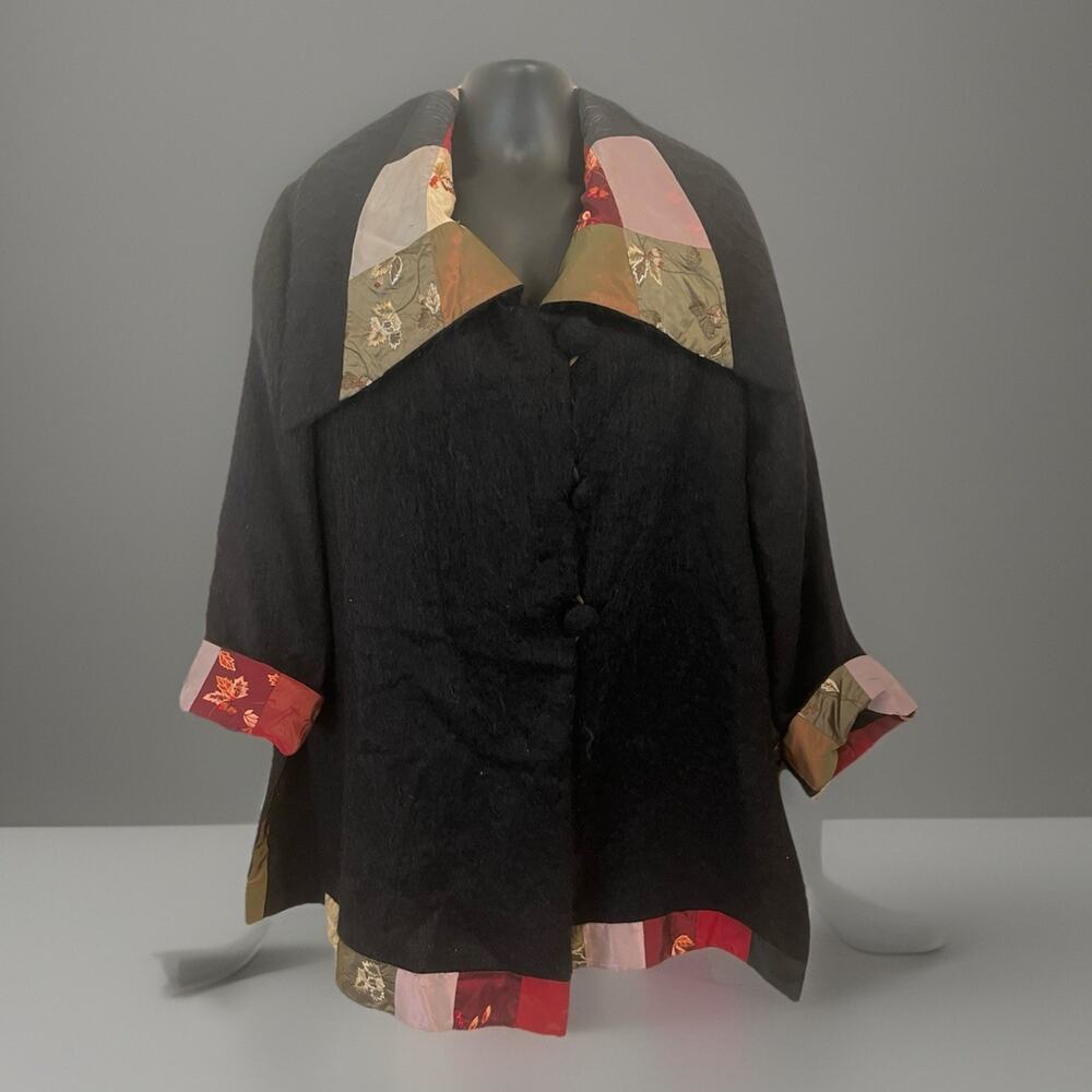 VTG 90s Y2K Patchwork Mohair Jacket Coat Jacquard Boho Floral Funnel Neck L/XL